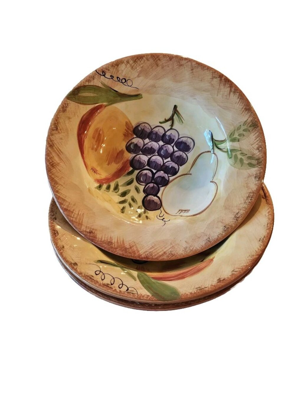 3 Tabletops Unlimited Boulevard Pasta Bowl 10" handpainted fruit theme rustic